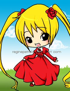 Rating: Safe Score: 0 Tags: 1girl blonde_hair chibi dress flower full_body image long_sleeves open_mouth puffy_sleeves red_dress red_flower red_rose rose shinku smile solo User: admin