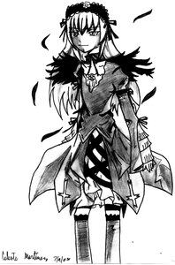 Rating: Safe Score: 0 Tags: 1girl dated dress feathers flower frills greyscale hairband image long_hair long_sleeves looking_at_viewer monochrome rose simple_background solo standing suigintou white_background wings User: admin