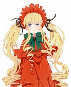 Rating: Safe Score: 0 Tags: 1girl blonde_hair blue_eyes blush bonnet bow bowtie dress drill_hair flower green_bow image long_hair long_sleeves looking_at_viewer ringlets rose shinku sidelocks simple_background solo striped striped_background twin_drills twintails white_background User: admin