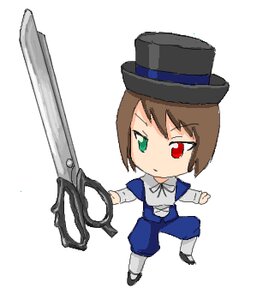 Rating: Safe Score: 0 Tags: 1girl brown_hair chibi green_eyes hat heterochromia holding image long_sleeves pants red_eyes ribbon short_hair solo souseiseki standing striped top_hat weapon white_background white_legwear User: admin