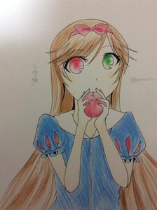 Rating: Safe Score: 0 Tags: 1girl apple bangs blonde_hair blue_dress bow dress food fruit hair_bow hairband heterochromia holding holding_food holding_fruit image long_hair looking_at_viewer puffy_short_sleeves puffy_sleeves red_eyes short_sleeves solo suiseiseki traditional_media upper_body User: admin