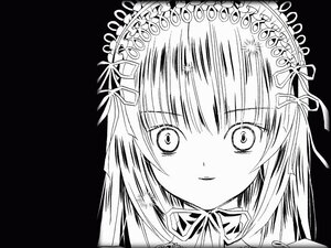 Rating: Safe Score: 3 Tags: 1girl closed_mouth eyebrows_visible_through_hair greyscale hair_ribbon image looking_at_viewer monochrome ribbon simple_background smile solo suigintou User: admin