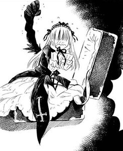 Rating: Safe Score: 0 Tags: 1girl dress flower frills greyscale hairband image long_hair long_sleeves monochrome ribbon solo standing suigintou wings User: admin