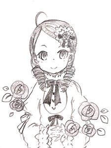 Rating: Safe Score: 0 Tags: 1girl ahoge blush closed_mouth drill_hair flower greyscale image kanaria long_sleeves looking_at_viewer monochrome neck_ribbon ribbon ringlets rose simple_background smile solo traditional_media twin_drills upper_body white_background User: admin
