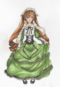 Rating: Safe Score: 0 Tags: 1girl blush brown_hair dress drill_hair full_body green_dress image long_hair long_sleeves looking_at_viewer ribbon skirt_hold solo suiseiseki twin_drills twintails very_long_hair white_legwear User: admin