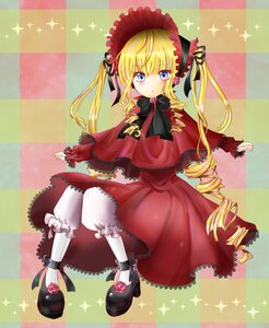 Rating: Safe Score: 0 Tags: 1girl blonde_hair bloomers blue_eyes blush bonnet bow bowtie capelet checkered_background dress drill_hair full_body image long_hair long_sleeves looking_at_viewer pink_flower red_capelet red_dress shinku shoes solo sparkle sparkle_background twin_drills twintails underwear white_legwear User: admin