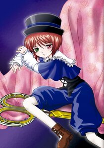 Rating: Safe Score: 0 Tags: 1girl boots brown_hair frills green_eyes hat heterochromia image long_sleeves looking_at_viewer red_eyes short_hair sitting solo souseiseki User: admin