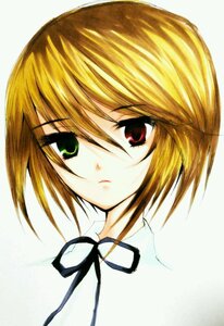 Rating: Safe Score: 0 Tags: 1girl bangs black_ribbon blonde_hair green_eyes heterochromia image looking_at_viewer m1umr neck_ribbon portrait red_eyes ribbon short_hair simple_background solo souseiseki white_background User: admin