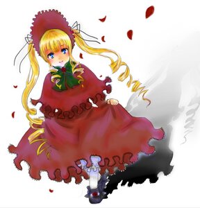 Rating: Safe Score: 0 Tags: 1girl blonde_hair blue_eyes blush bonnet bow bowtie dress flower full_body green_bow image long_hair long_sleeves looking_at_viewer petals red_dress rose rose_petals shinku shoes solo standing twintails white_background User: admin