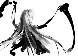 Rating: Safe Score: 0 Tags: 1girl dress greyscale image long_hair monochrome silhouette simple_background solo striped suigintou vertical_stripes very_long_hair white_background User: admin