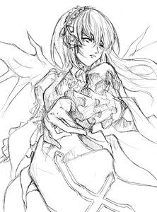 Rating: Safe Score: 0 Tags: 1girl dress frills greyscale hairband image lolita_hairband long_hair long_sleeves looking_at_viewer monochrome sketch solo suigintou white_background wings User: admin