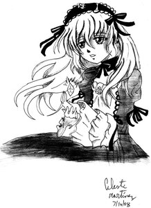 Rating: Safe Score: 0 Tags: 1girl dated dress frills greyscale hairband image long_hair long_sleeves looking_at_viewer monochrome rose signature simple_background solo striped suigintou traditional_media upper_body white_background wings User: admin