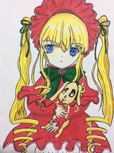 Rating: Safe Score: 0 Tags: 1girl bangs blonde_hair blue_eyes bonnet bow bowtie dress eyebrows_visible_through_hair frills green_bow grey_background image long_hair long_sleeves looking_at_viewer marker_(medium) parted_lips photo red_capelet red_dress shinku sidelocks simple_background solo traditional_media twintails User: admin