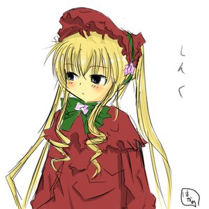 Rating: Safe Score: 0 Tags: 1girl blonde_hair blue_eyes blush bonnet bow bowtie dress hat image long_hair long_sleeves shinku simple_background solo twintails upper_body very_long_hair white_background User: admin