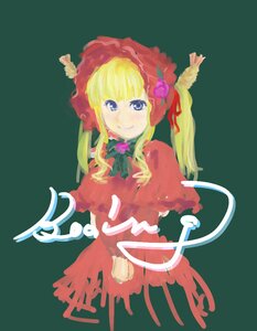 Rating: Safe Score: 0 Tags: 1girl blonde_hair blue_eyes bonnet bow bowtie capelet dress flower green_background green_bow image long_hair long_sleeves looking_at_viewer red_capelet red_dress rose shinku sidelocks simple_background smile solo twintails User: admin