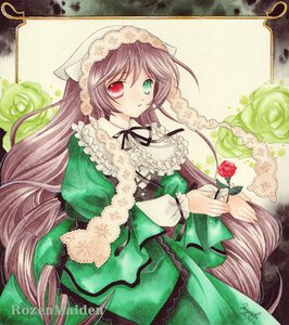 Rating: Safe Score: 0 Tags: 1girl artist_name brown_hair dress drill_hair flower frills green_dress heterochromia image long_hair long_sleeves looking_at_viewer marker_(medium) pink_flower pink_rose red_eyes ribbon rose solo suiseiseki traditional_media twintails very_long_hair watering_can User: admin