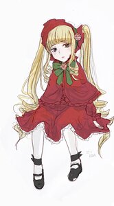 Rating: Safe Score: 0 Tags: 1girl black_footwear blonde_hair blue_eyes blush bonnet bow bowtie dress flower full_body green_bow image long_hair long_sleeves looking_at_viewer red_capelet rose shinku shoes simple_background sitting solo twintails white_background User: admin