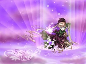 Rating: Safe Score: 0 Tags: 1girl blonde_hair bonnet bow copyright_name dress flower green_bow green_neckwear image long_hair long_sleeves looking_at_viewer magic magic_circle purple_background rose shinku shoes solo twintails very_long_hair water User: admin