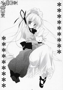 Rating: Safe Score: 0 Tags: 1girl blush bonnet dress full_body greyscale image long_hair long_sleeves looking_at_viewer monochrome shinku shoes sitting solo stuffed_animal stuffed_bunny twintails very_long_hair User: admin