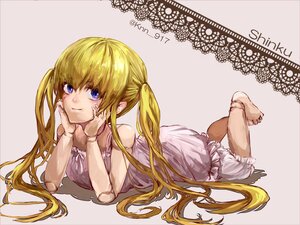 Rating: Safe Score: 0 Tags: 1girl auto_tagged bare_shoulders barefoot blonde_hair bloomers blue_eyes chin_rest hand_on_own_cheek hands_on_own_face image long_hair looking_at_viewer lying on_stomach shinku smile solo striped twintails underwear very_long_hair User: admin