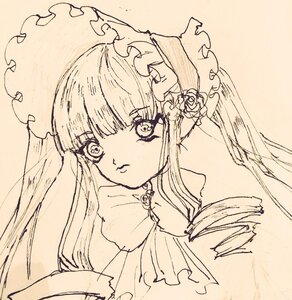 Rating: Safe Score: 0 Tags: 1girl bangs blunt_bangs bonnet closed_mouth dress eyebrows_visible_through_hair flower frills hair_ornament image long_hair looking_at_viewer monochrome rose shinku simple_background solo upper_body User: admin