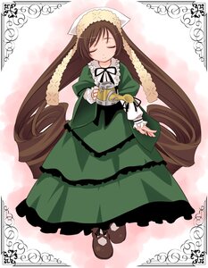 Rating: Safe Score: 0 Tags: 1girl bonnet brown_hair closed_eyes dress drill_hair frills green_dress hat head_scarf holding image long_hair long_sleeves ribbon rozen_maiden shoes solo suiseiseki tatsukichi twin_drills twintails very_long_hair watering_can User: admin
