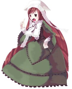 Rating: Safe Score: 0 Tags: 1girl :o brown_hair dress frills green_dress image index_finger_raised long_hair long_sleeves looking_at_viewer open_mouth red_eyes simple_background solo suiseiseki very_long_hair white_background User: admin