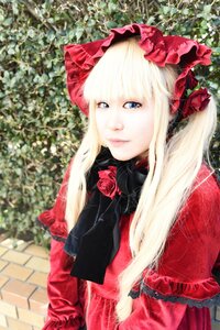 Rating: Safe Score: 0 Tags: 1girl bangs blonde_hair blue_eyes closed_mouth dress eyelashes flower lips lolita_fashion long_hair looking_at_viewer red_dress red_flower red_rose rose shinku solo upper_body User: admin