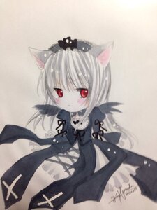 Rating: Safe Score: 0 Tags: 1girl animal_ears black_dress blush cat_ears cross dated dress image long_hair long_sleeves red_eyes ribbon signature solo suigintou traditional_media User: admin