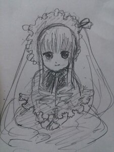 Rating: Safe Score: 0 Tags: 1girl dress frills full_body image long_hair long_sleeves looking_at_viewer monochrome shinku simple_background sketch smile solo traditional_media very_long_hair User: admin