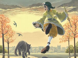 Rating: Safe Score: 0 Tags: 1girl autumn_leaves bird cloud flock flying green_hair hair_ornament image kanaria open_mouth short_hair sky solo sunset tree wide_sleeves User: admin