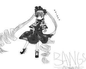 Rating: Safe Score: 0 Tags: 1girl bow dress drill_hair full_body greyscale image long_hair looking_at_viewer monochrome shinku solo standing twin_drills twintails very_long_hair white_background User: admin