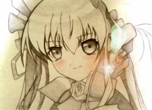 Rating: Safe Score: 0 Tags: 1girl blush closed_mouth eyebrows_visible_through_hair flower image long_hair looking_at_viewer monochrome ribbon rose shinku smile solo twintails User: admin