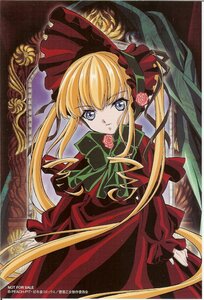 Rating: Safe Score: 0 Tags: 1girl blonde_hair blue_eyes bonnet bow bowtie dress flower green_bow green_neckwear image long_hair long_sleeves looking_at_viewer marker_(medium) photo red_dress rose shinku sidelocks solo twintails User: admin