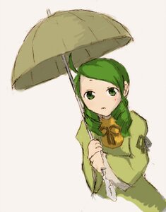 Rating: Safe Score: 0 Tags: 1girl ahoge bow bowtie dress drill_hair green_dress green_eyes green_hair holding holding_umbrella image kanaria long_sleeves looking_at_viewer parasol rain red_umbrella simple_background solo twin_drills umbrella User: admin