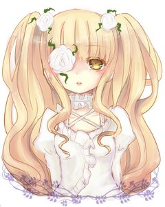 Rating: Safe Score: 0 Tags: 1girl bangs blonde_hair blush dress eyepatch flower frills hair_flower hair_ornament image kirakishou long_hair rose signature solo thorns twintails two_side_up upper_body white_flower white_rose yellow_eyes User: admin