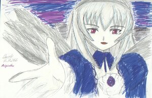 Rating: Safe Score: 0 Tags: 1girl bangs black_wings bowtie dated dress eyebrows_visible_through_hair feathered_wings image long_hair long_sleeves looking_at_viewer open_mouth outstretched_arm signature smile solo suigintou traditional_media upper_body wings User: admin