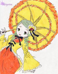 Rating: Safe Score: 0 Tags: 1girl :d bow dress drill_hair frills green_eyes green_hair holding holding_umbrella image kanaria long_hair long_sleeves looking_at_viewer open_mouth parasol ribbon smile solo traditional_media twin_drills umbrella very_long_hair wide_sleeves User: admin