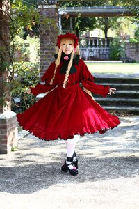 Rating: Safe Score: 0 Tags: 1girl blonde_hair bonnet day dress flower long_sleeves outdoors pantyhose red_dress shinku shoes solo standing tree white_legwear User: admin