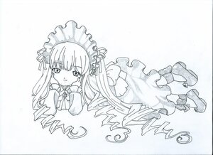 Rating: Safe Score: 0 Tags: 1girl dress drill_hair frills full_body greyscale image long_hair long_sleeves looking_at_viewer monochrome on_stomach shinku solo striped traditional_media twin_drills User: admin