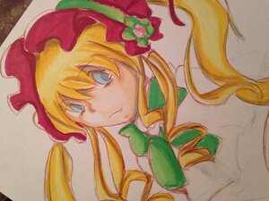 Rating: Safe Score: 0 Tags: 1girl blonde_hair blue_eyes bonnet bow bowtie dress flower green_bow green_neckwear hat image long_hair marker_(medium) rose shinku simple_background solo traditional_media twintails upper_body User: admin