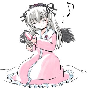 Rating: Safe Score: 0 Tags: 1girl black_wings blush closed_eyes dress eighth_note flower frills hairband image long_hair long_sleeves music musical_note ribbon rose silver_hair simple_background sitting smile solo suigintou white_background wings User: admin
