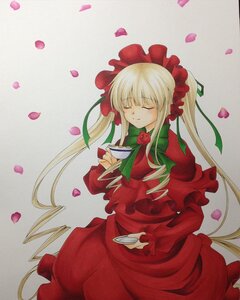 Rating: Safe Score: 0 Tags: 1girl blonde_hair bonnet bow closed_eyes cup dress flower holding_cup image long_hair petals red_flower rose rose_petals saucer shinku sitting solo tea teacup traditional_media twintails User: admin