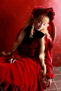 Rating: Safe Score: 0 Tags: 1girl blonde_hair blue_eyes bow braid dress drill_hair long_hair long_sleeves red_dress shinku solo User: admin