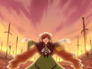 Rating: Safe Score: 0 Tags: 1girl :d brown_hair dress green_eyes heterochromia image long_sleeves open_mouth outdoors outstretched_arm outstretched_arms sky smile solo spread_arms suiseiseki sunset sword weapon User: admin