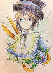 Rating: Safe Score: 0 Tags: flower green_eyes hat heterochromia image looking_at_viewer ribbon short_hair solo souseiseki traditional_media upper_body watercolor_(medium) User: admin