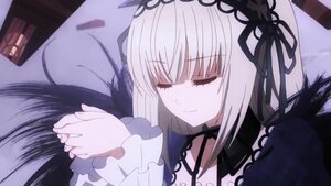 Rating: Safe Score: 0 Tags: 1girl bangs black_ribbon black_wings closed_eyes closed_mouth dress frilled_sleeves frills hairband image long_hair long_sleeves lying ribbon rose silver_hair sleeping smile solo suigintou wings User: admin