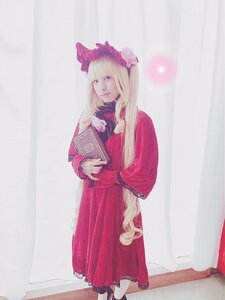 Rating: Safe Score: 0 Tags: 1girl bangs blonde_hair book bow dress full_body holding holding_book long_hair long_sleeves looking_at_viewer red_dress shinku shoes solo standing User: admin