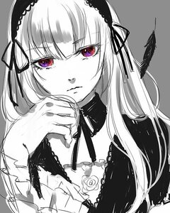 Rating: Safe Score: 0 Tags: 1girl black_ribbon closed_mouth detached_collar feathers flower grey_background hairband image lolita_hairband long_hair looking_at_viewer pink_eyes ribbon rose simple_background solo suigintou upper_body User: admin