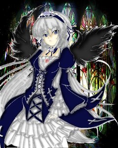 Rating: Safe Score: 0 Tags: 1girl black_wings blue_eyes breasts dress frills hairband image long_hair long_sleeves looking_at_viewer ribbon silver_hair solo suigintou wings User: admin